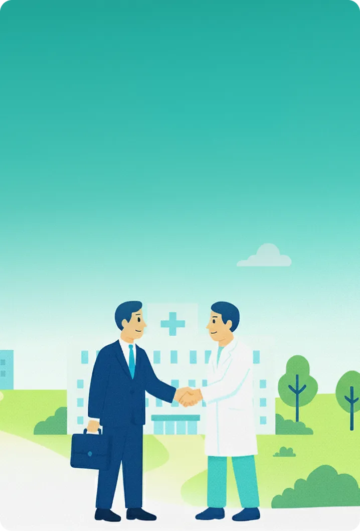 医者と男性が握手しているシーズ・ワンのファーストビュー